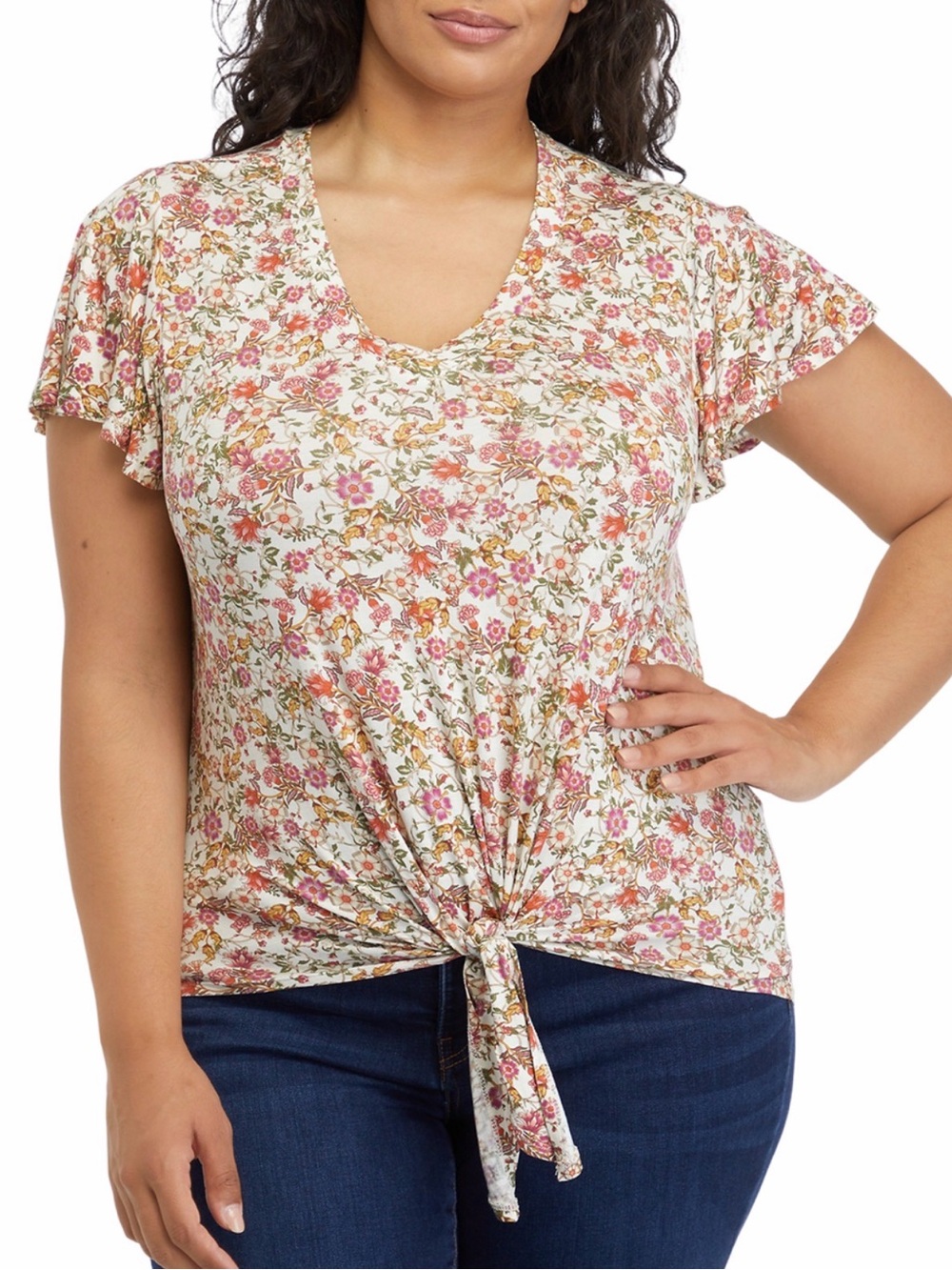 Floral Tie-Front V-Neck Women's Top - Oak & Trellis 1X